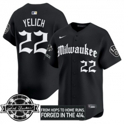Men Milwaukee Brewers 22 Christian Yelich Black Gothic Edition Bob Uecker Patch Vapor Premier Limited Stitched Baseball Jersey