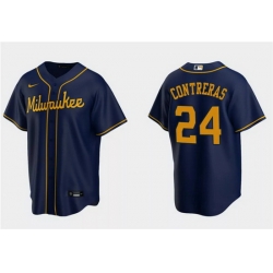 Men Milwaukee Brewers 24 William Contreras Navy Cool Base Stitched Jersey