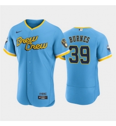 Men Milwaukee Brewers 39 Corbin Burnes Powder Blue 2022 City Connect Flex Base Stitched MLB Jersey