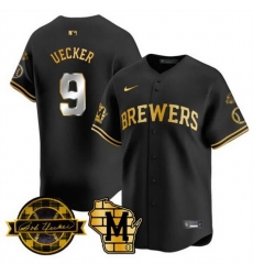 Men Milwaukee Brewers 9 Bob Uecker Black Gold With Home 26 Bob Uecker Patch Limited Stitched Baseball Jersey Men Milwaukee Brewers 9 Bob Uecker Black Gold With Home 26 Bob Uecker Patch Limited Stitched Baseball Jersey