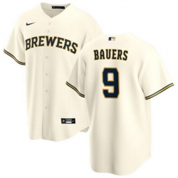 Men Milwaukee Brewers 9 Jake Bauers Cream Cool Base Stitched Jersey