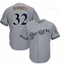 Mens Majestic Milwaukee Brewers 32 Jeremy Jeffress Replica Grey Road Cool Base MLB Jersey 