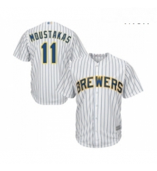 Mens Milwaukee Brewers 11 Mike Moustakas Replica White Home Cool Base Baseball Jersey 