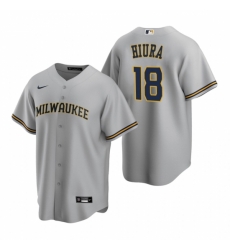 Mens Nike Milwaukee Brewers 18 Keston Hiura Gray Road Stitched Baseball Jersey