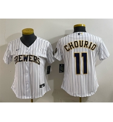 Women Milwaukee Brewers  11 Jackson Chourio White Cool Base Stitched Jersey Run Small 