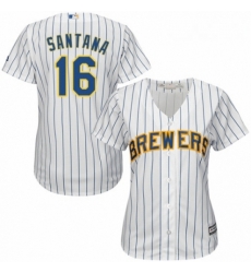 Womens Majestic Milwaukee Brewers 16 Domingo Santana Replica White Home Cool Base MLB Jersey 