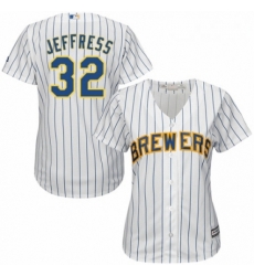 Womens Majestic Milwaukee Brewers 32 Jeremy Jeffress Authentic White Home Cool Base MLB Jersey 