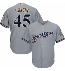 Youth Majestic Milwaukee Brewers 45 Jhoulys Chacin Replica Grey Road Cool Base MLB Jersey 