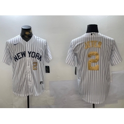 Men New York Yankees 2 Derek Jeter White Pinstripe Fashion Cool Base Jerseys