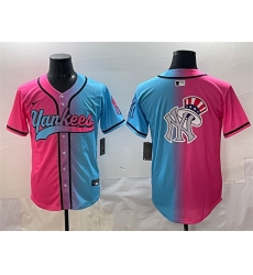 Men New York Yankees Team Big Logo Pink Blue Limited Stitched Baseball Jersey