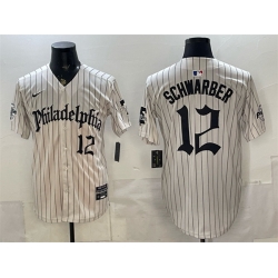 Men Philadelphia Phillies  12 Kyle Schwarber Cream Pinstripe Gothic Vapor Limited Stitched Jersey