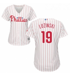 Womens Majestic Philadelphia Phillies 19 Greg Luzinski Replica WhiteRed Strip Home Cool Base MLB Jersey