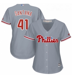 Womens Majestic Philadelphia Phillies 41 Carlos Santana Replica Grey Road Cool Base MLB Jersey 