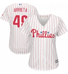 Womens Majestic Philadelphia Phillies 49 Jake Arrieta Replica WhiteRed Strip Home Cool Base MLB Jersey 