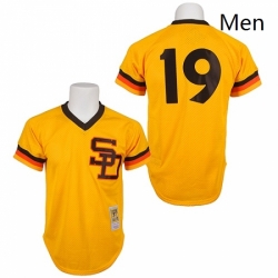 Mens Mitchell and Ness 1982 San Diego Padres 19 Tony Gwynn Replica Gold Throwback MLB Jersey