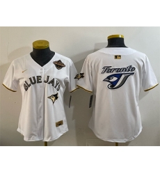 Women Toronto Blue Jays Team Big Logo White Gold 2025 American League Champions Limited Stitched Baseball Jersey Women Toronto Blue Jays Team Big Logo White Gold 2025 American League Champions Limited Stitched Baseball Jersey