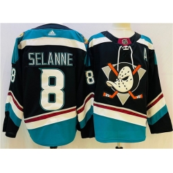 Men Anaheim Ducks 8 Teemu Selanne Black Teal Stitched Jersey