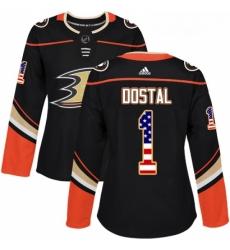 Womens Adidas Anaheim Ducks 1 Lukas Dostal Authentic Black USA Flag Fashion NHL Jersey 