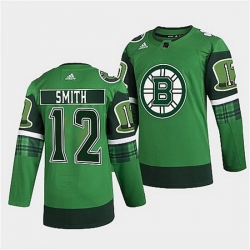 Men Boston Bruins 12 Craig Smith 2022 Green St Patricks Day Warm Up Stitched jersey