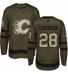 Mens Adidas Calgary Flames 28 Elias Lindholm Green Salute to Service Stitched NHL Jersey 