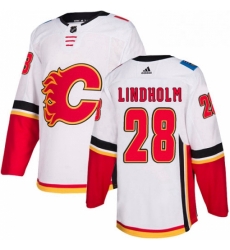 Mens Adidas Calgary Flames 28 Elias Lindholm White Road Authentic Stitched NHL Jersey 