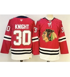 Men Chicago Blackhawks 30 Spencer Knight Red 2025 Home 100th Anniversary Stitched Hockey Jersey