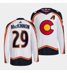 Men Colorado Avalanche 29 Nathan MacKinnon White 2022 23 Reverse Retro Stitched Jersey