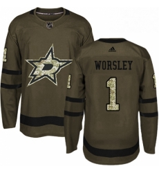 Mens Adidas Dallas Stars 1 Gump Worsley Authentic Green Salute to Service NHL Jersey 