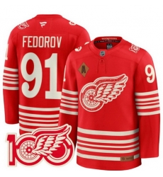 Men Detroit Red Wings 91 Sergei Fedorov Red 2025 Centennial Premium With 100 and P Patch And A Patch Stitched Hockey Jersey