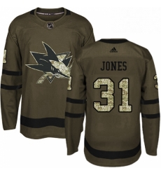 Mens Adidas San Jose Sharks 31 Martin Jones Authentic Green Salute to Service NHL Jersey 