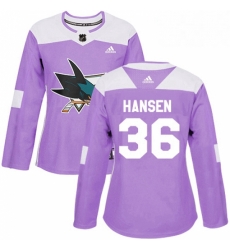 Womens Adidas San Jose Sharks 36 Jannik Hansen Authentic Purple Fights Cancer Practice NHL Jersey 