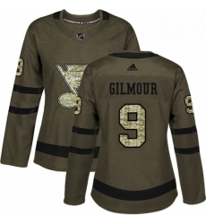 Womens Adidas St Louis Blues 9 Doug Gilmour Authentic Green Salute to Service NHL Jersey 