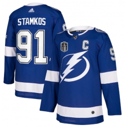 Men Tampa Bay Lightning 91 Steven Stamkos 2022 Blue Stanley Cup Final Patch Stitched Jersey