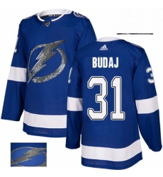 Mens Adidas Tampa Bay Lightning 31 Peter Budaj Authentic Royal Blue Fashion Gold NHL Jersey 