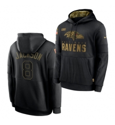 Men Baltimore Ravens 8 Lamar Jackson 2020 Salute To Service Black Sideline Performance Pullover Hoodie