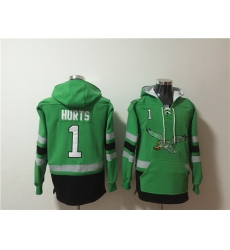 Men Philadelphia Eagles 1 Jalen Hurts Green Ageless Must Have Lace Up Pullover Hoodie