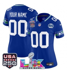 Women Seattle Seahawks Active Player Custom Royal 2025 F U S E Super Bowl LX Patch And 50th Season  USA 250 Patch Vapor Throwback Limited Stitched Football