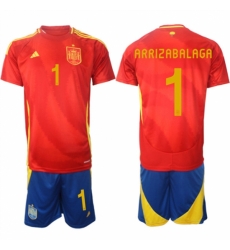 Men Spain Team 1 Kepa Arrizabalaga 2024 25 Red Home Soccer Jersey Suit