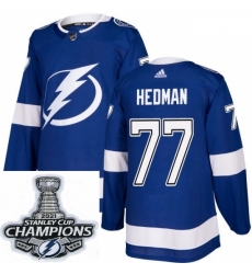 Men Adidas Tampa Bay Lightning 77 Victor Hedman Premier Royal Blue Home NHL Stitched 2021 Stanley Cup Champions Patch Jersey