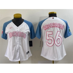 Women Mexico Baseball 56 Randy Arozarena 2023 White Blue World Baseball Classic Stitched Jersey 1