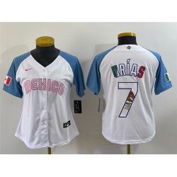 Women Mexico Baseball 7 Julio Urias 2023 White Blue World Baseball Classic Stitched Jersey