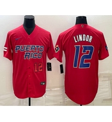 Men's Puerto Rico Baseball #12 Francisco Lindor Number 2023 Red World Baseball Classic Stitched Jersey