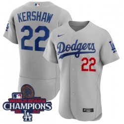 Men Nike Los Angeles Dodgers Clayton Kershaw #22 Gray Flex Base 2024 World Series Champions Stitched MLB Jersey