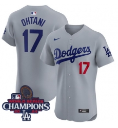 Men Nike Los Angeles Dodgers Shohei Ohtani #17 Gray Flex Base 2024 World Series Champions Stitched MLB Jersey