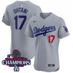 Men Nike Los Angeles Dodgers Shohei Ohtani #17 Gray Flex Base 2024 World Series Champions Stitched MLB Jersey