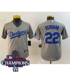 Women Nike Los Angeles Dodgers Clayton Kershaw #22 Gray Flex Base 2024 World Series Champions Stitched MLB Jersey