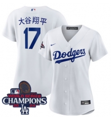 Women Nike Los Angeles Dodgers Shohei Ohtani #17 White Cool Base 2024 World Series Champions Stitched MLB Jersey