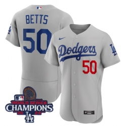 Youth Nike Los Angeles Dodgers Mookie Betts #50 Gray Flex Base 2024 World Series Champions Stitched MLB Jersey II