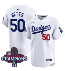 Youth Nike Los Angeles Dodgers Mookie Betts #50 White Flex Base 2024 World Series Champions Stitched MLB Jersey