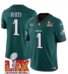 Men Philadelphia Eagles 1 Jalen Hurts Green 2025 Super Bowl LIX Patch With 3 Star C Patch New F U S E  Vapor Untouchable Limited Stitched Football Jersey